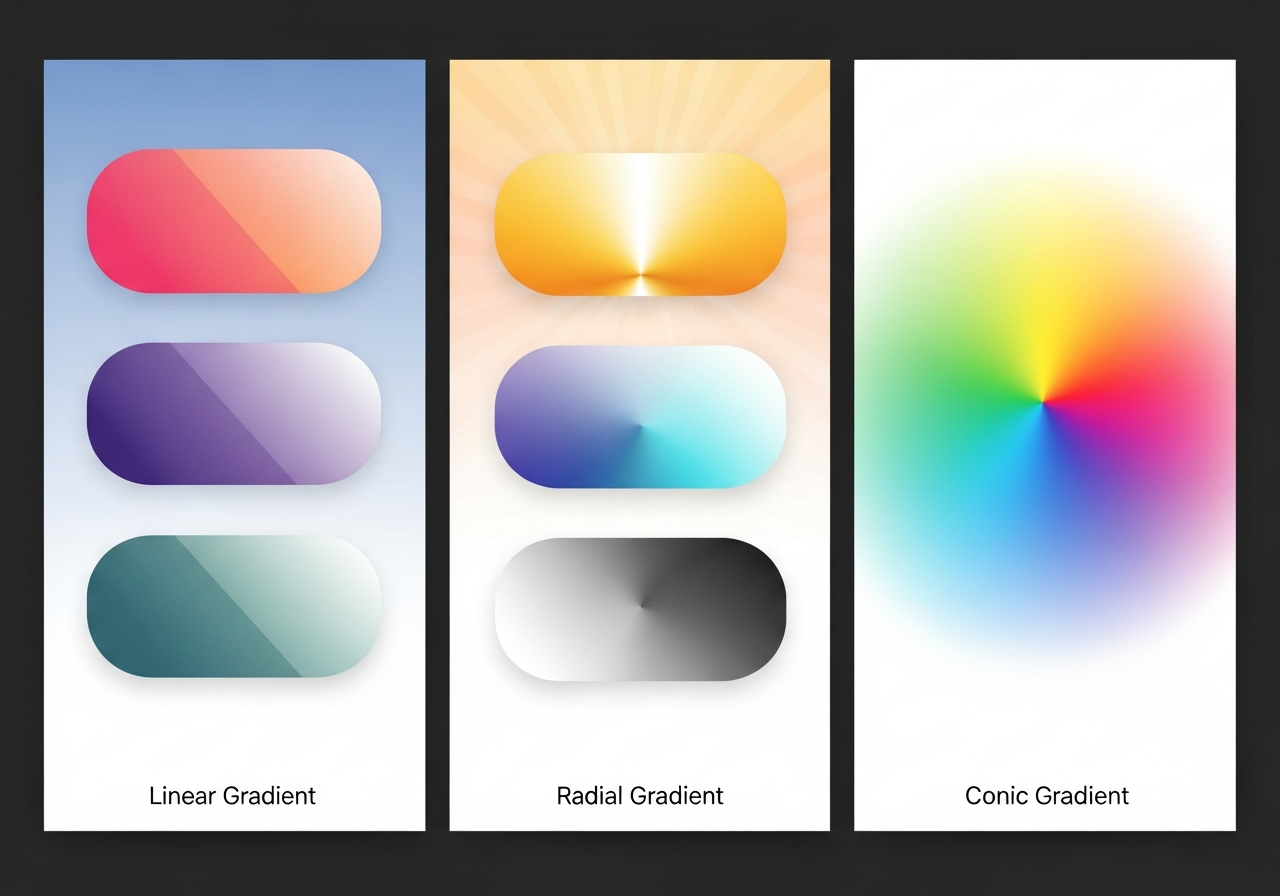 Four gradient types compared: linear, radial, conic, and mesh gradient examples