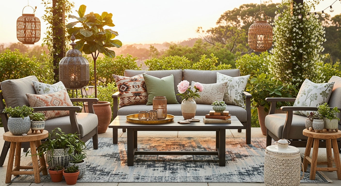 Patio accessory details with plants, lanterns, and decorative elements