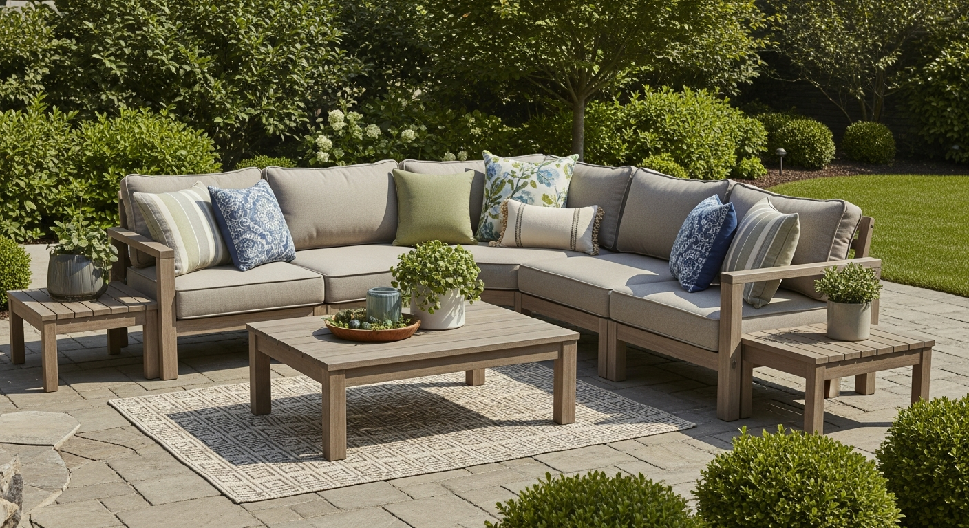 Patio furniture arrangement creating conversation and dining zones