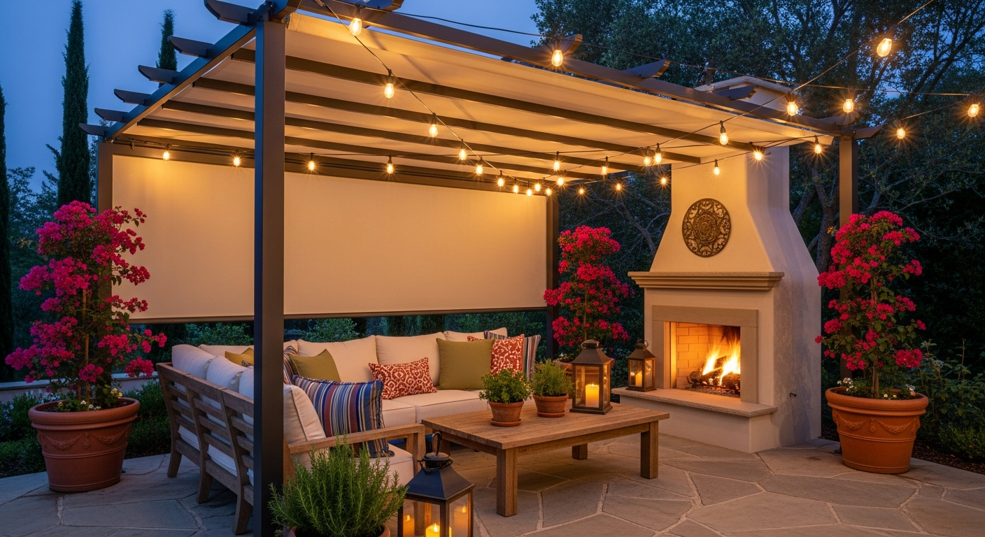 Patio with shade solutions and ambient lighting
