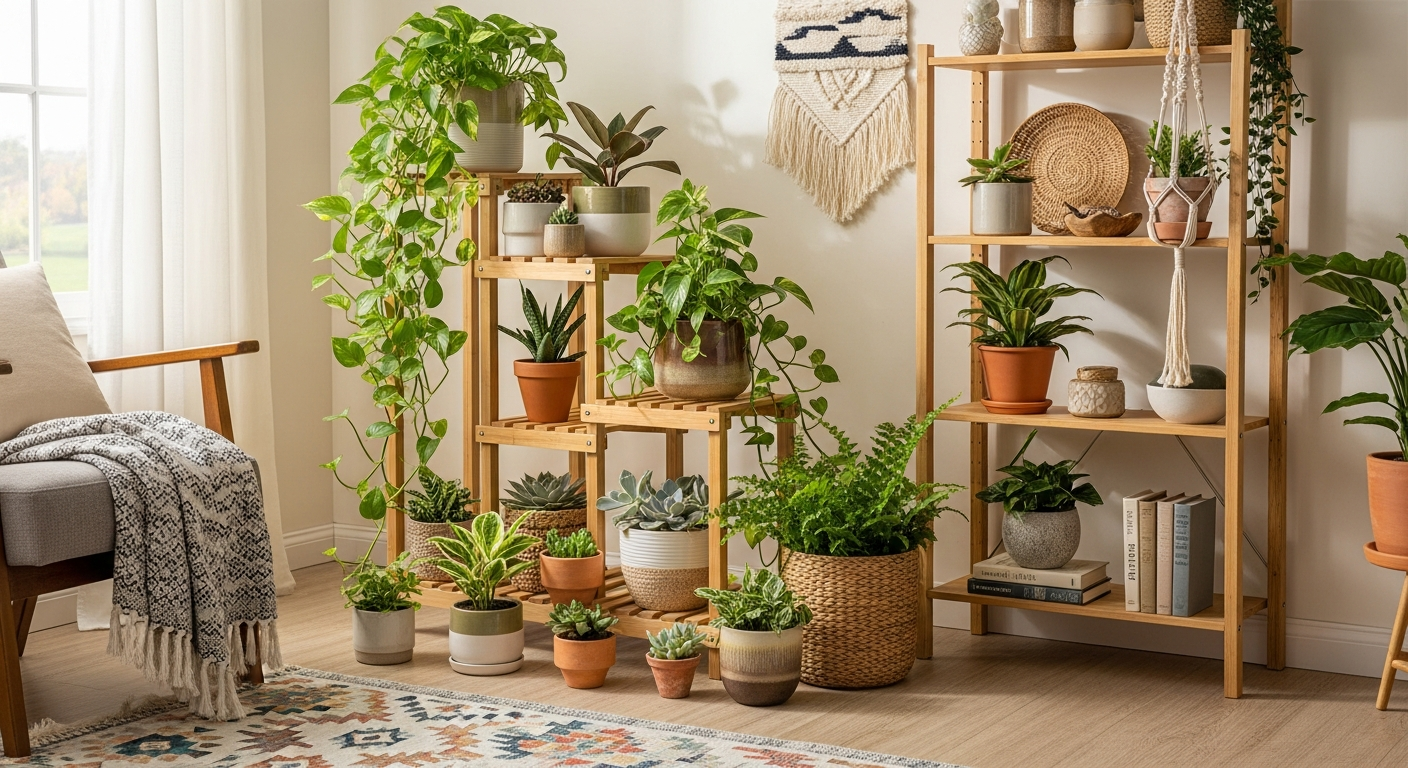Grouped houseplants creating indoor garden effect