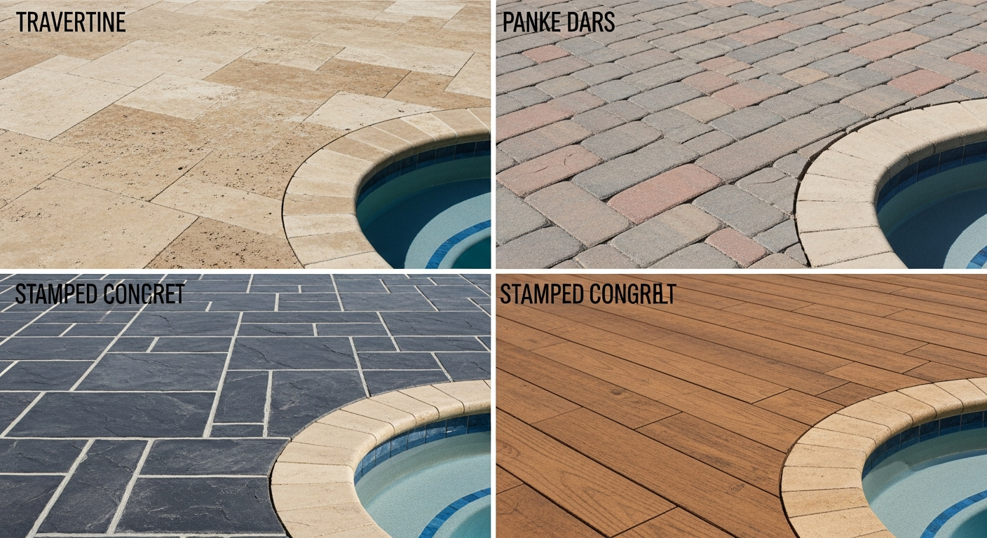 Different pool deck material options including pavers and stone