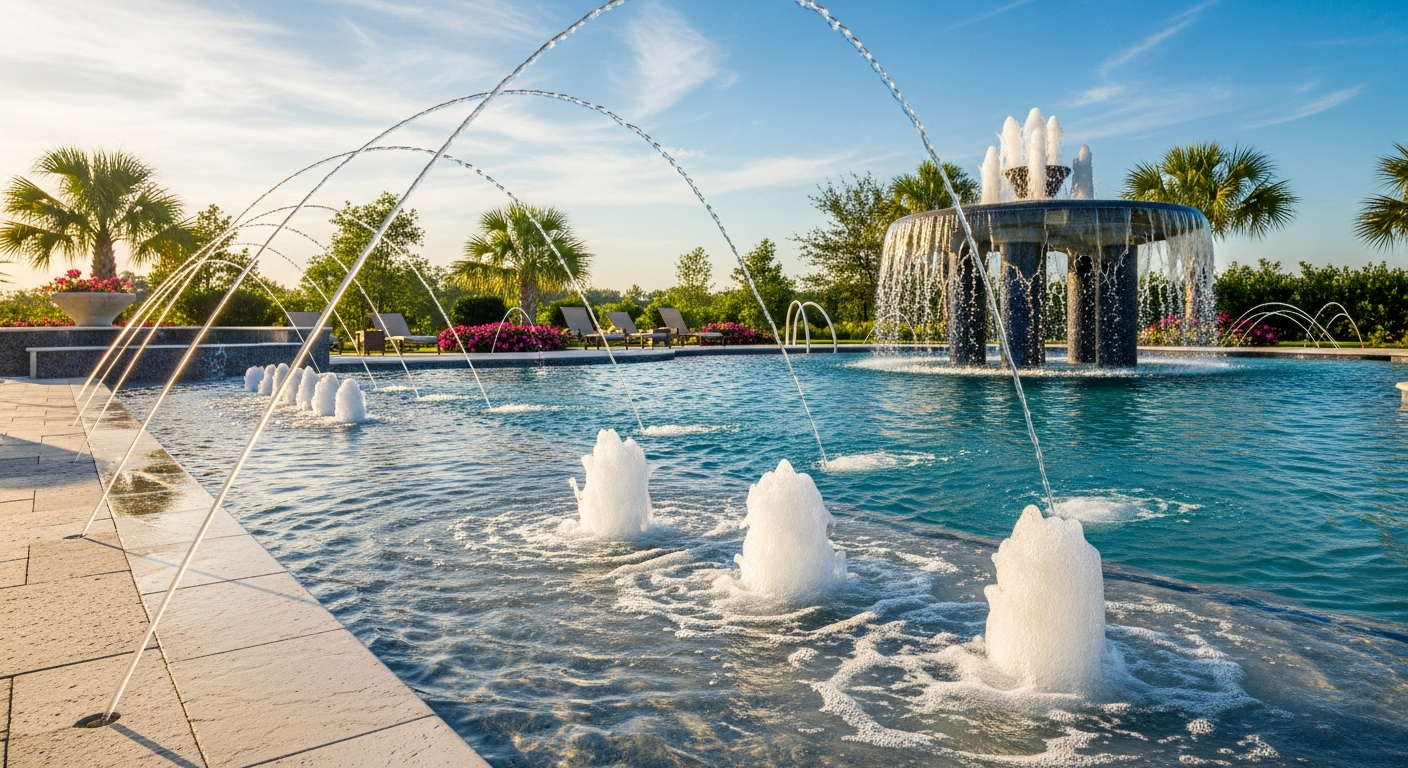 Pool fountain jets and spillover spa examples