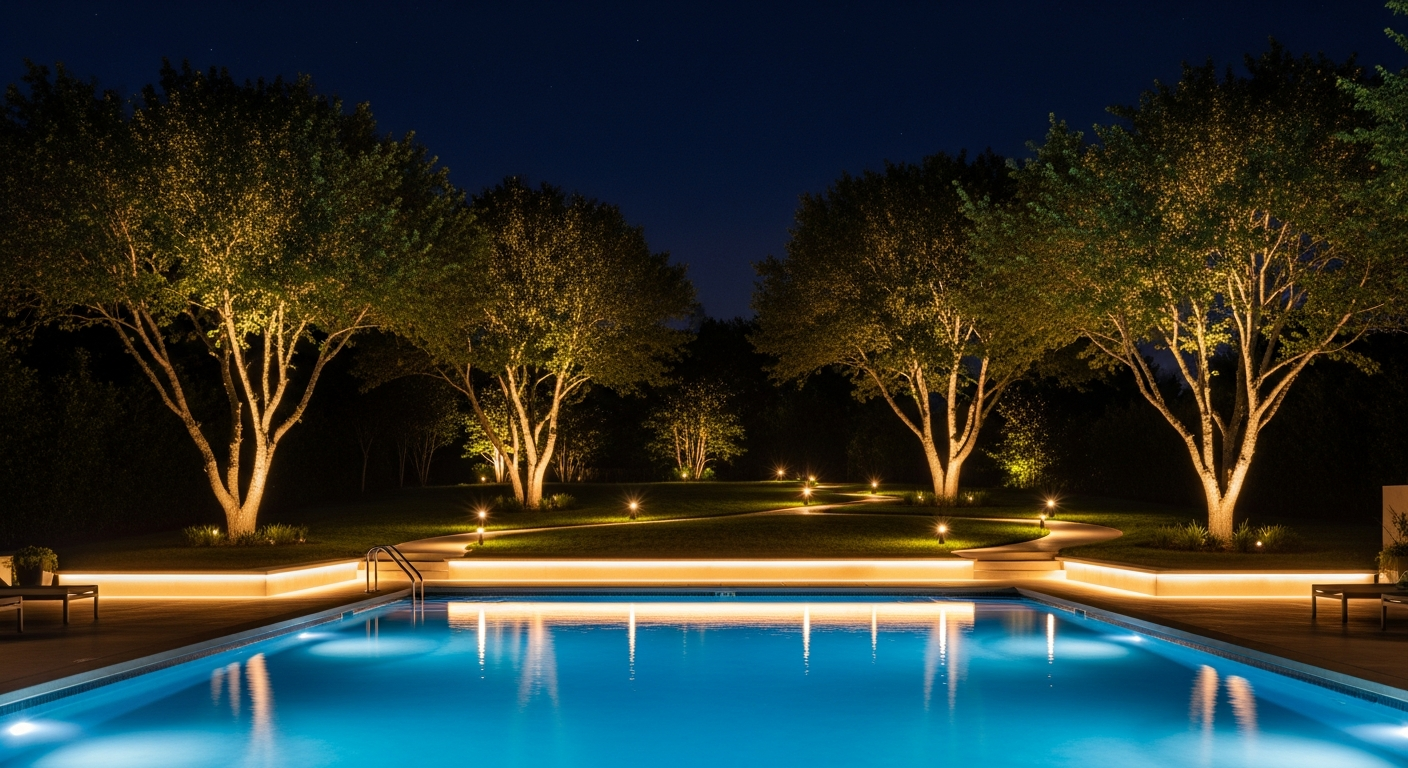 Pool area landscape lighting and color effects