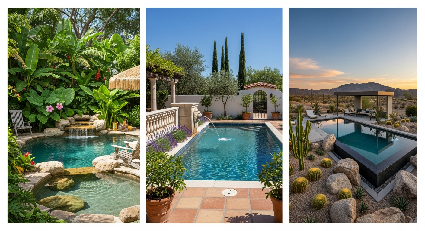Different pool landscaping styles from tropical to modern
