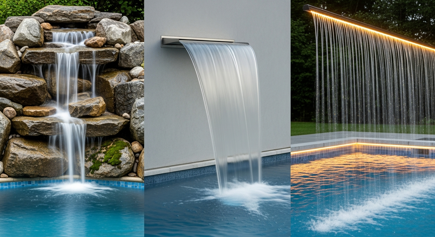 Different pool waterfall styles including rock and sheer descent