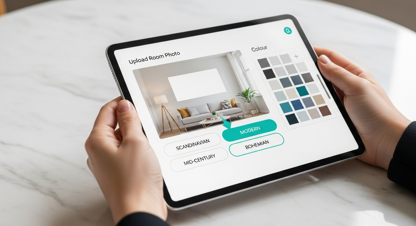 Tablet showing an interior design app interface with style selection and room photo upload