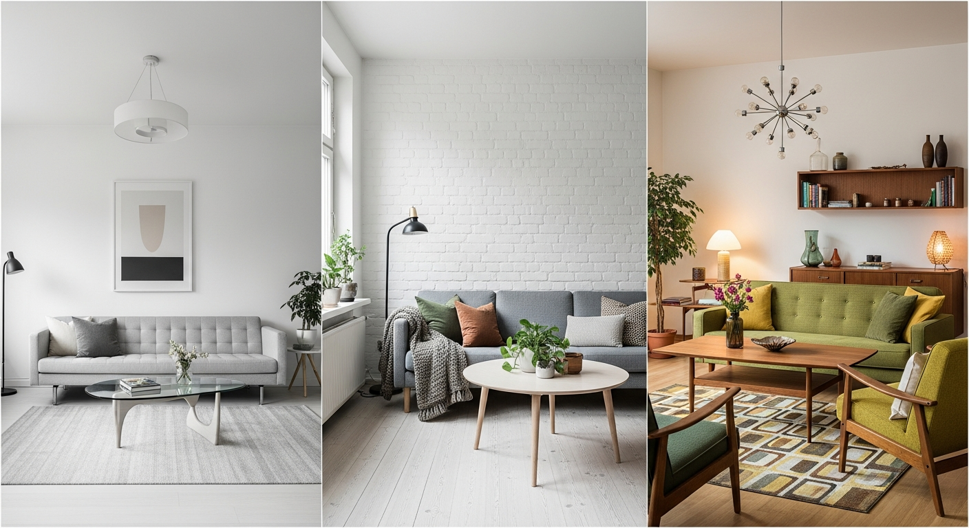 Three different design styles applied to the same living room showing modern, Scandinavian, and mid-century options