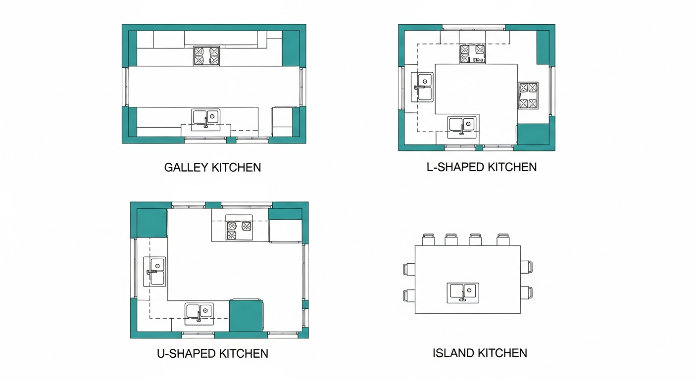 Four common kitchen layout types: galley, L-shaped, U-shaped, and island configurations