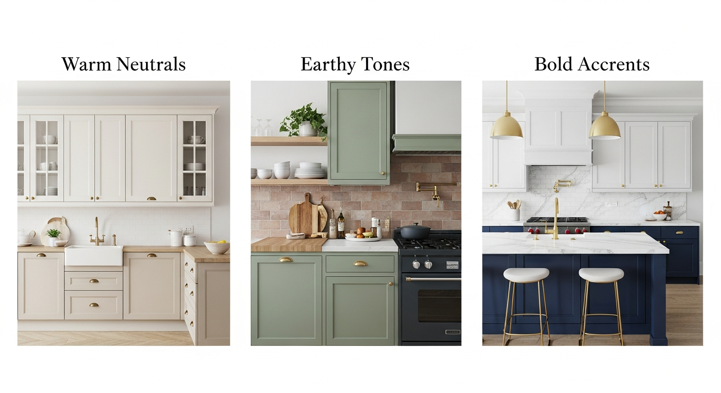 Kitchen color palette mood board showing warm neutrals, earthy tones, and bold accent options