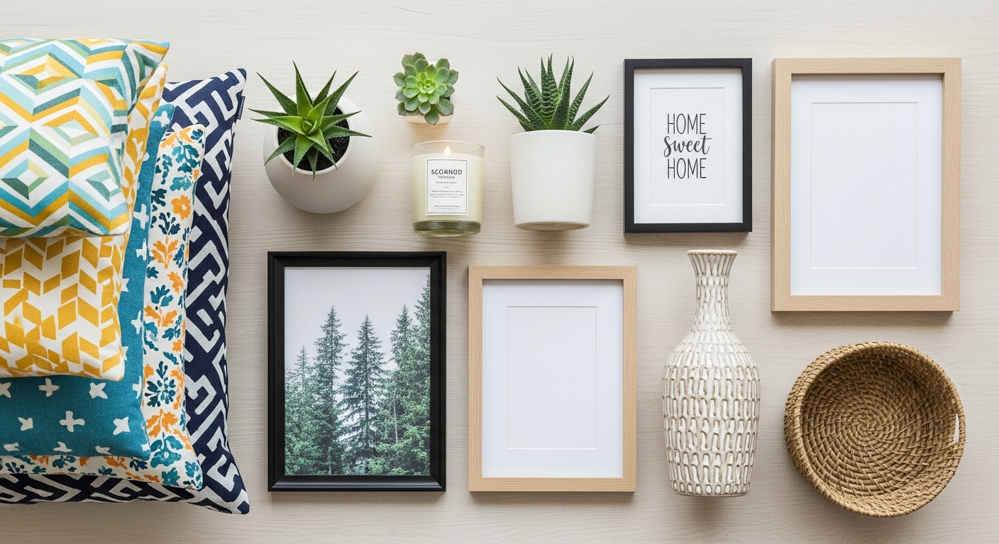 Flat lay of budget home decor items including throw pillows, plants, candles, and frames
