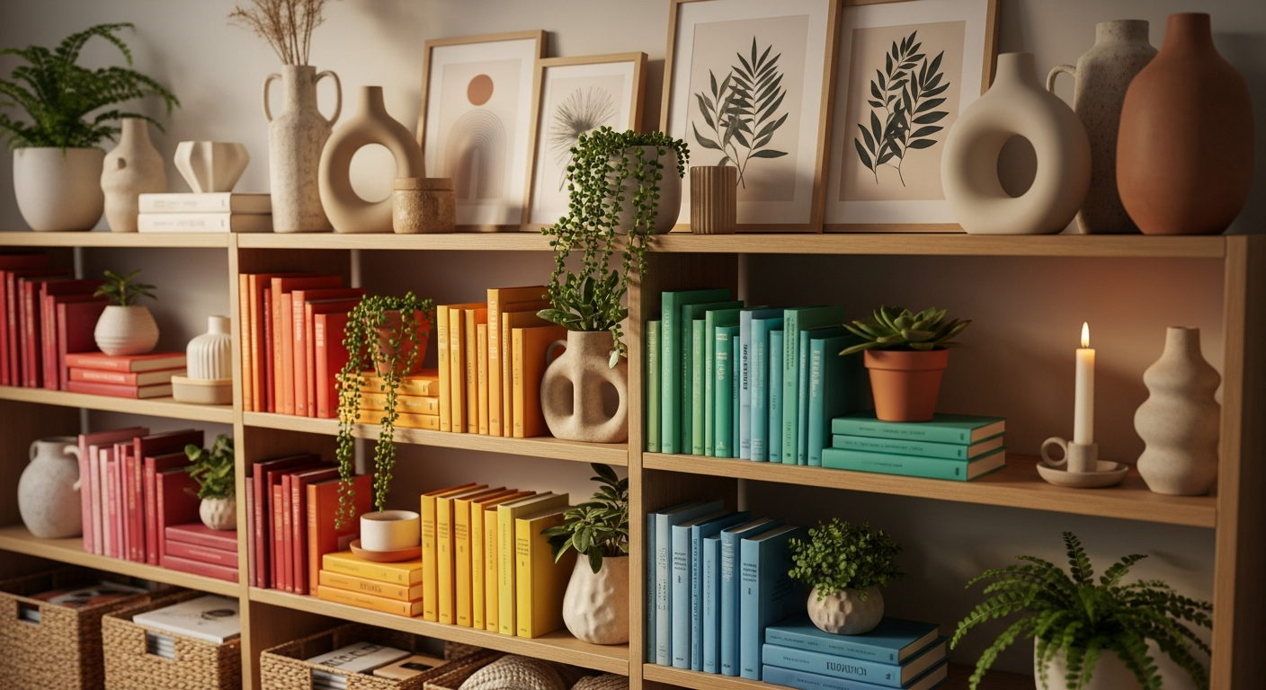 Beautifully styled bookshelf with curated objects, plants, and art prints