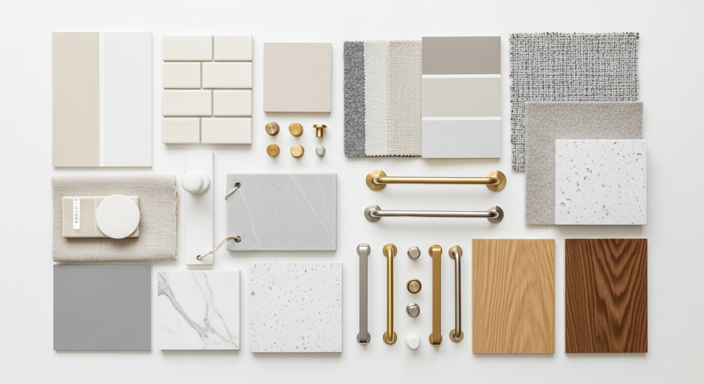 Interior design mood board with coordinated paint swatches, fabric samples, and material selections