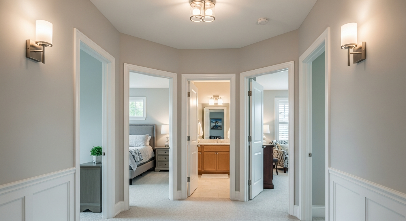 Hallway view connecting multiple rooms showing consistent design language through doorways