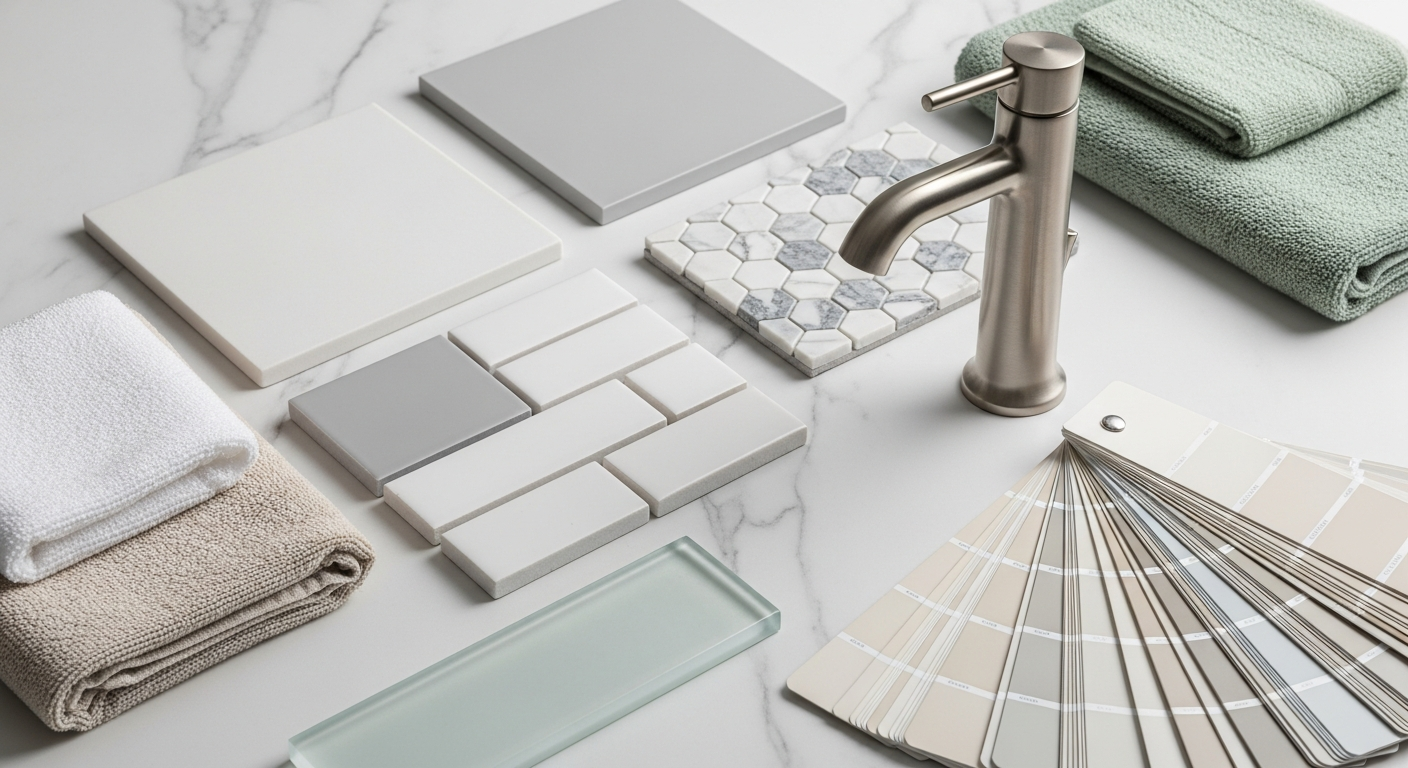 Bathroom material samples including porcelain tile, marble mosaic, and brushed nickel fixtures