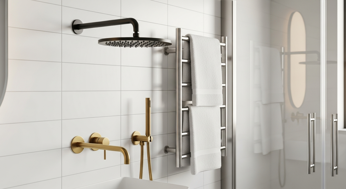 Modern luxury bathroom fixtures including rainfall showerhead, wall-mount faucet, and heated towel rack