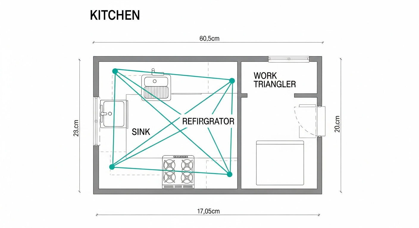 Kitchen work triangle diagram showing optimal sink, stove, and refrigerator placement