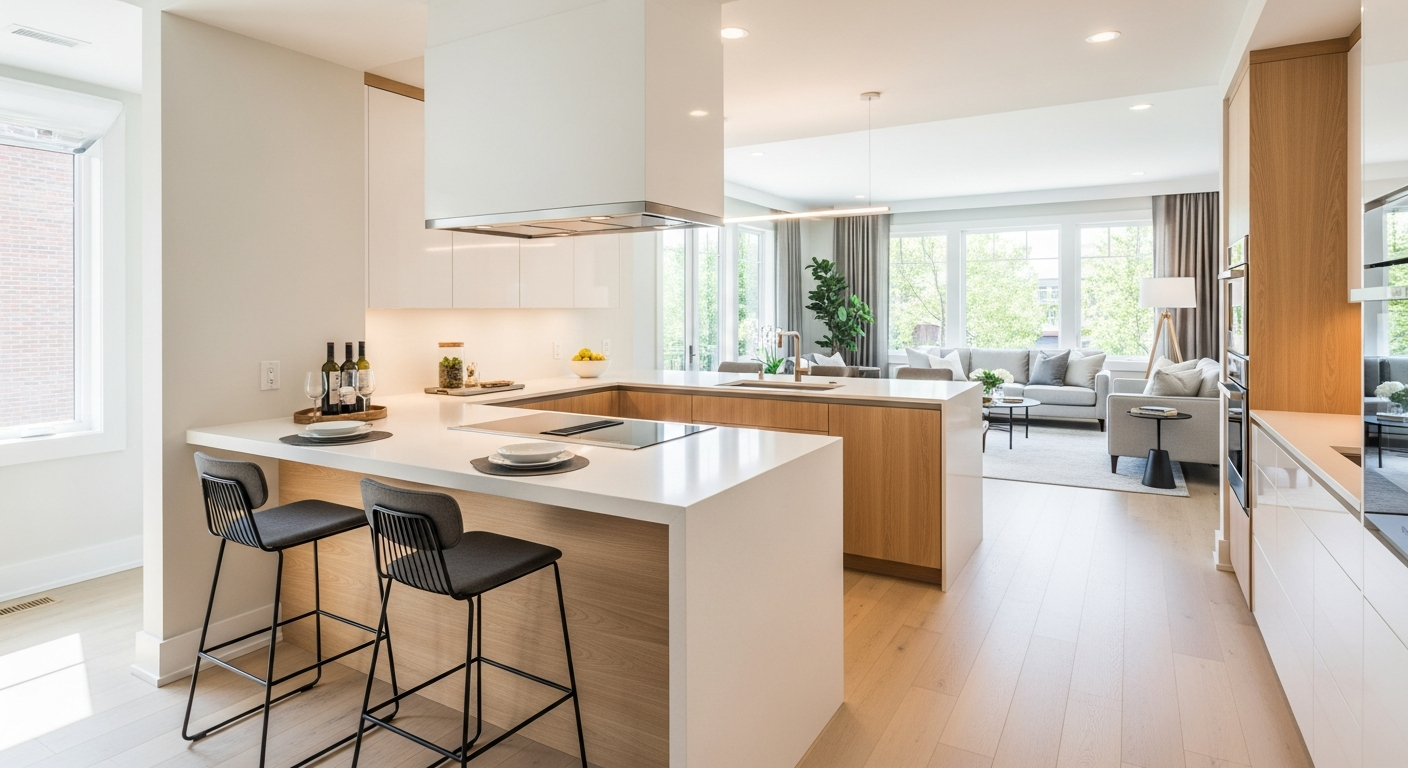 Kitchen with peninsula counter creating separate cooking and socializing zones
