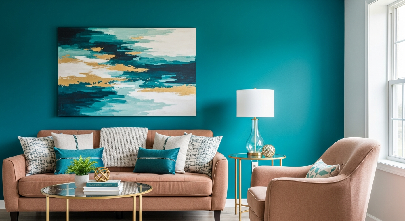 Living room with bold teal accent wall and complementary furniture