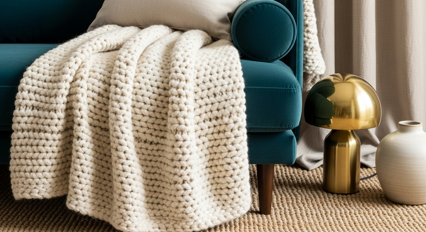 Close-up of layered living room textures including velvet, woven, and linen materials
