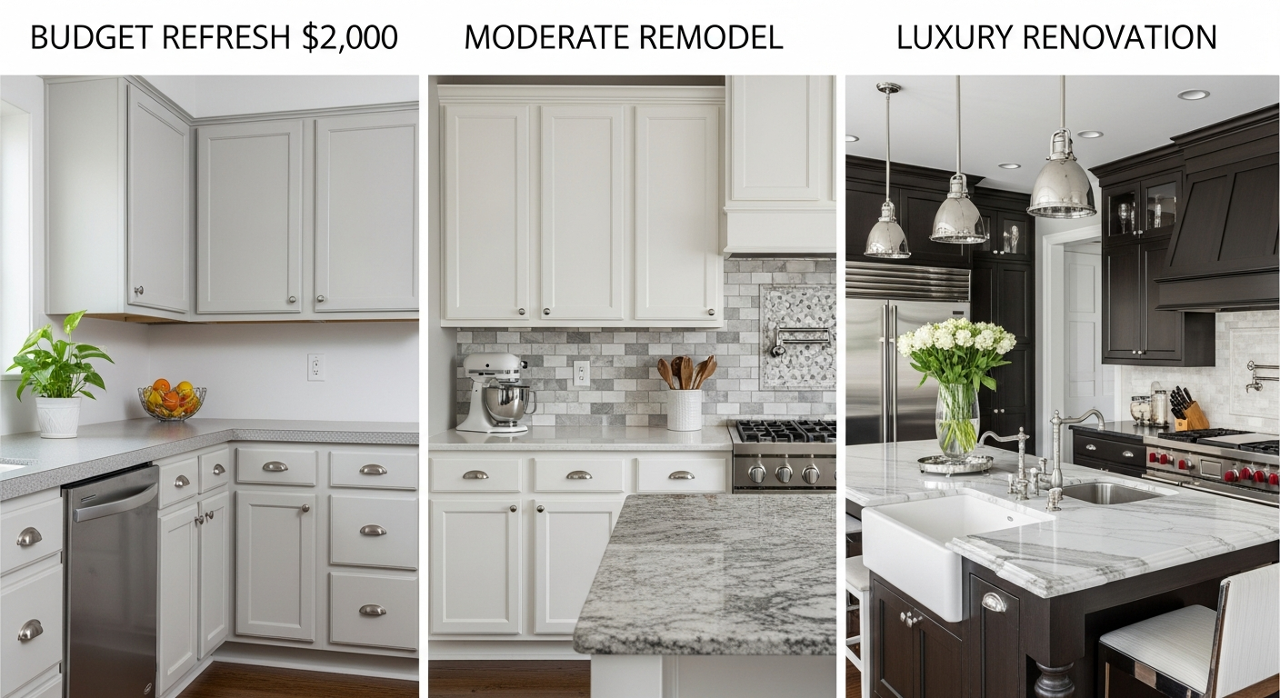 Three kitchens showing budget, mid-range, and luxury renovation levels