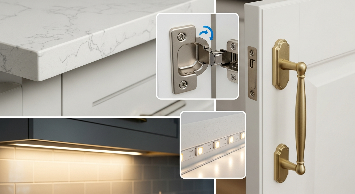Close-up of kitchen cost-driving elements including countertop edge, hardware, and lighting