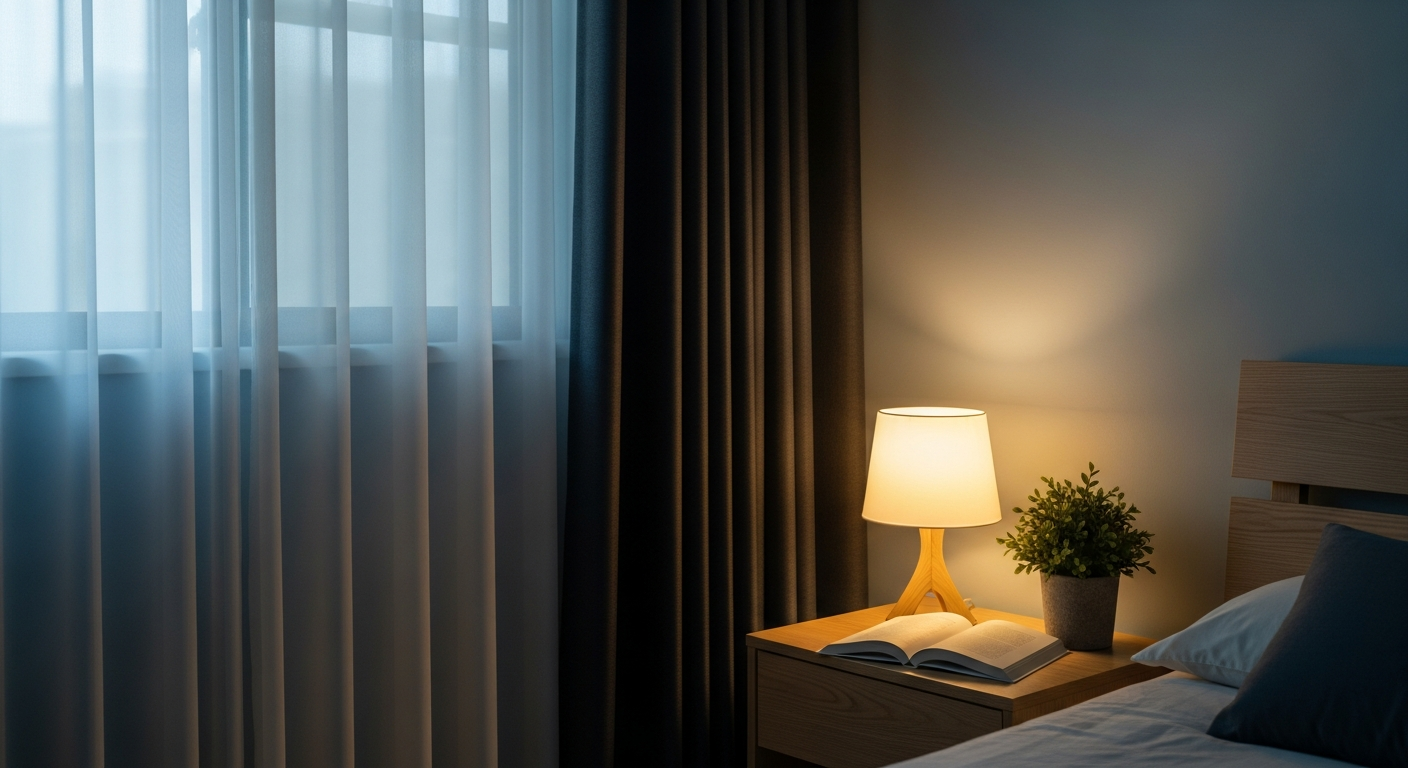 Bedroom designed for optimal sleep with blackout curtains and warm lighting