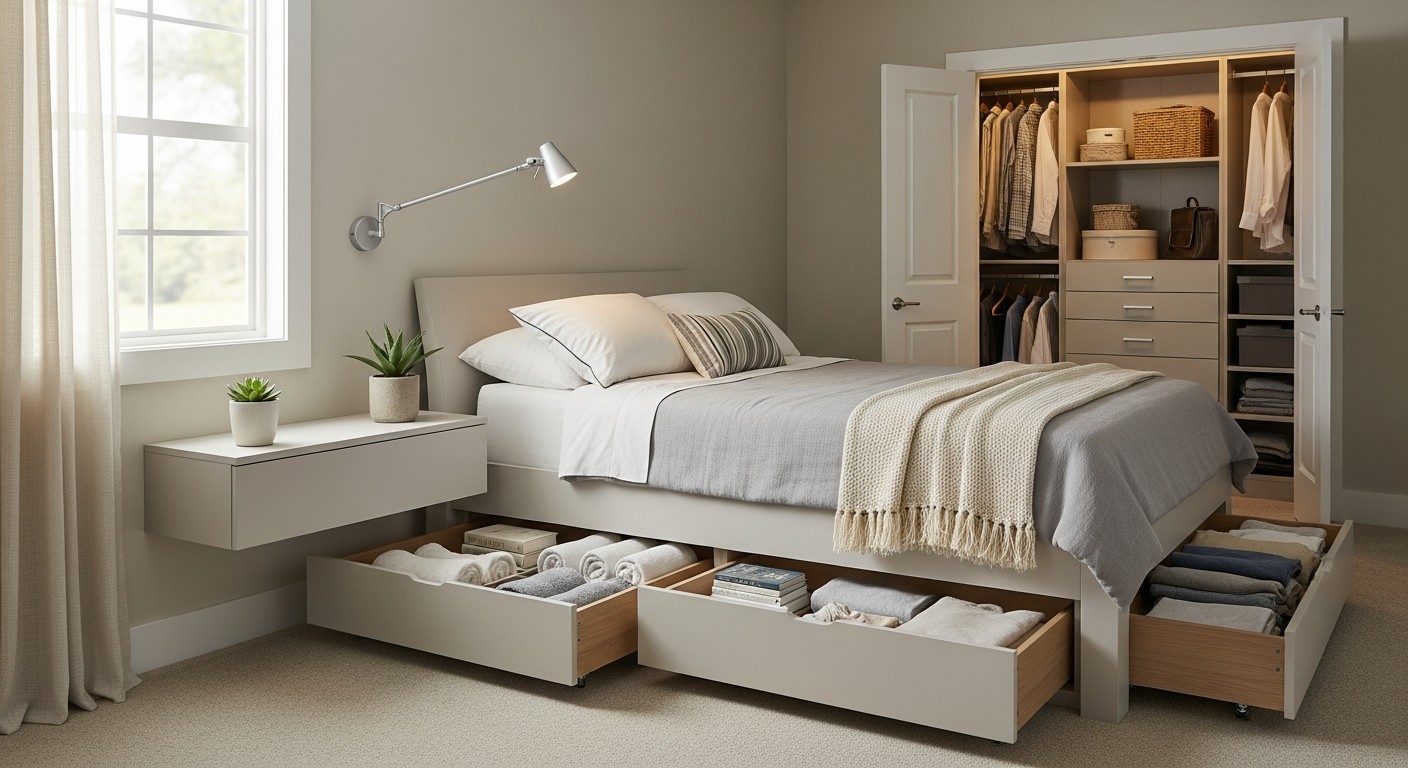 Bedroom with smart storage solutions including under-bed drawers and floating nightstands