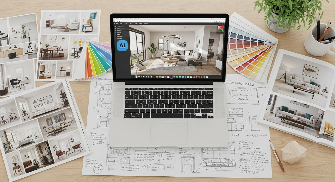 Design planning workspace with AI visualizations, mood boards, and color swatches