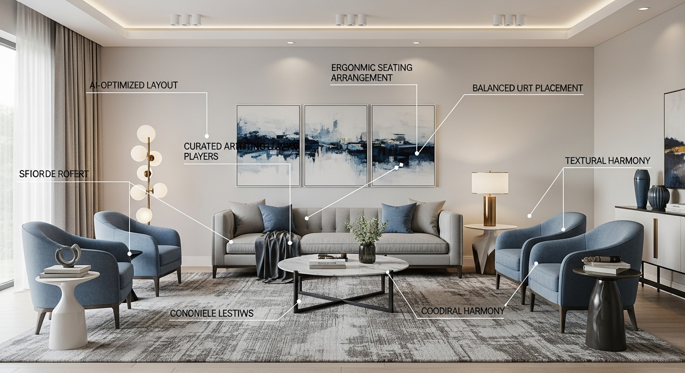 Cohesive modern living room demonstrating AI-guided design with balanced elements