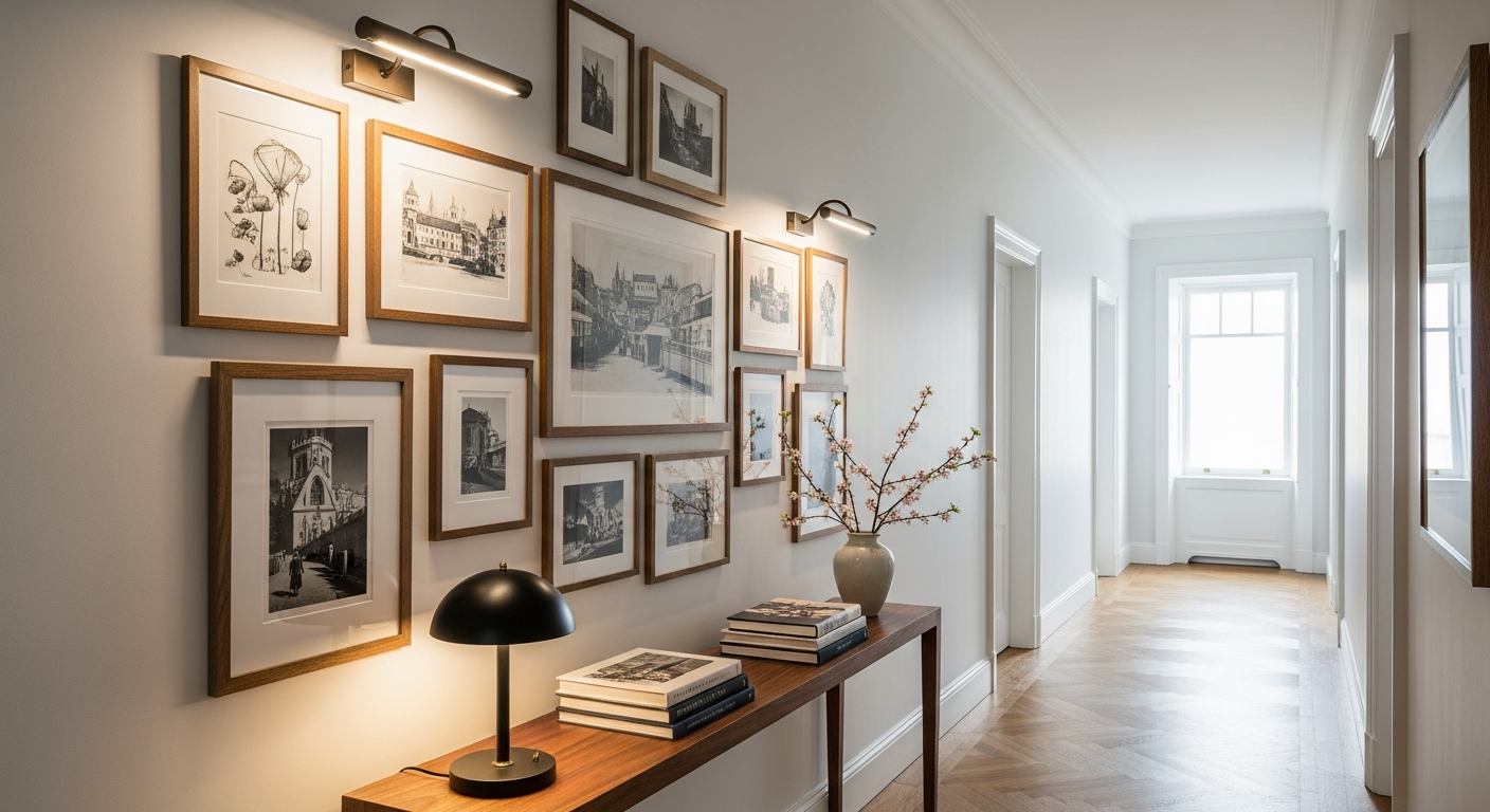 Hallway with gallery wall arrangement, picture lights, and console table vignette