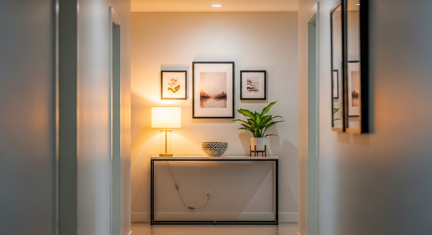 End of hallway with styled console table creating a visual destination point