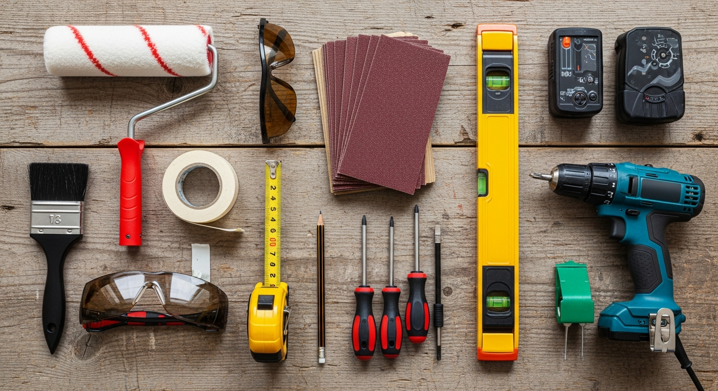 Organized DIY renovation toolkit flat lay with essential tools for homeowners