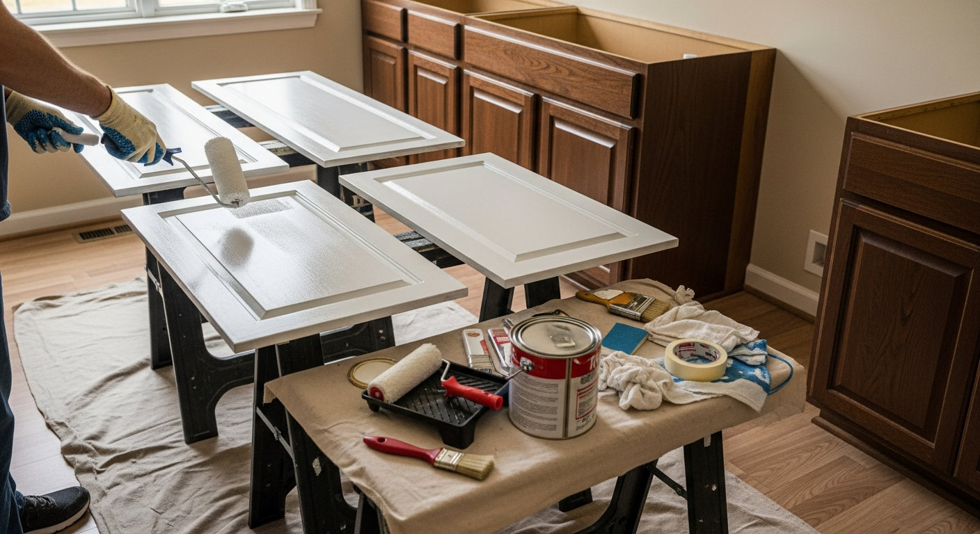 DIY cabinet painting process with doors on sawhorses alongside original cabinets