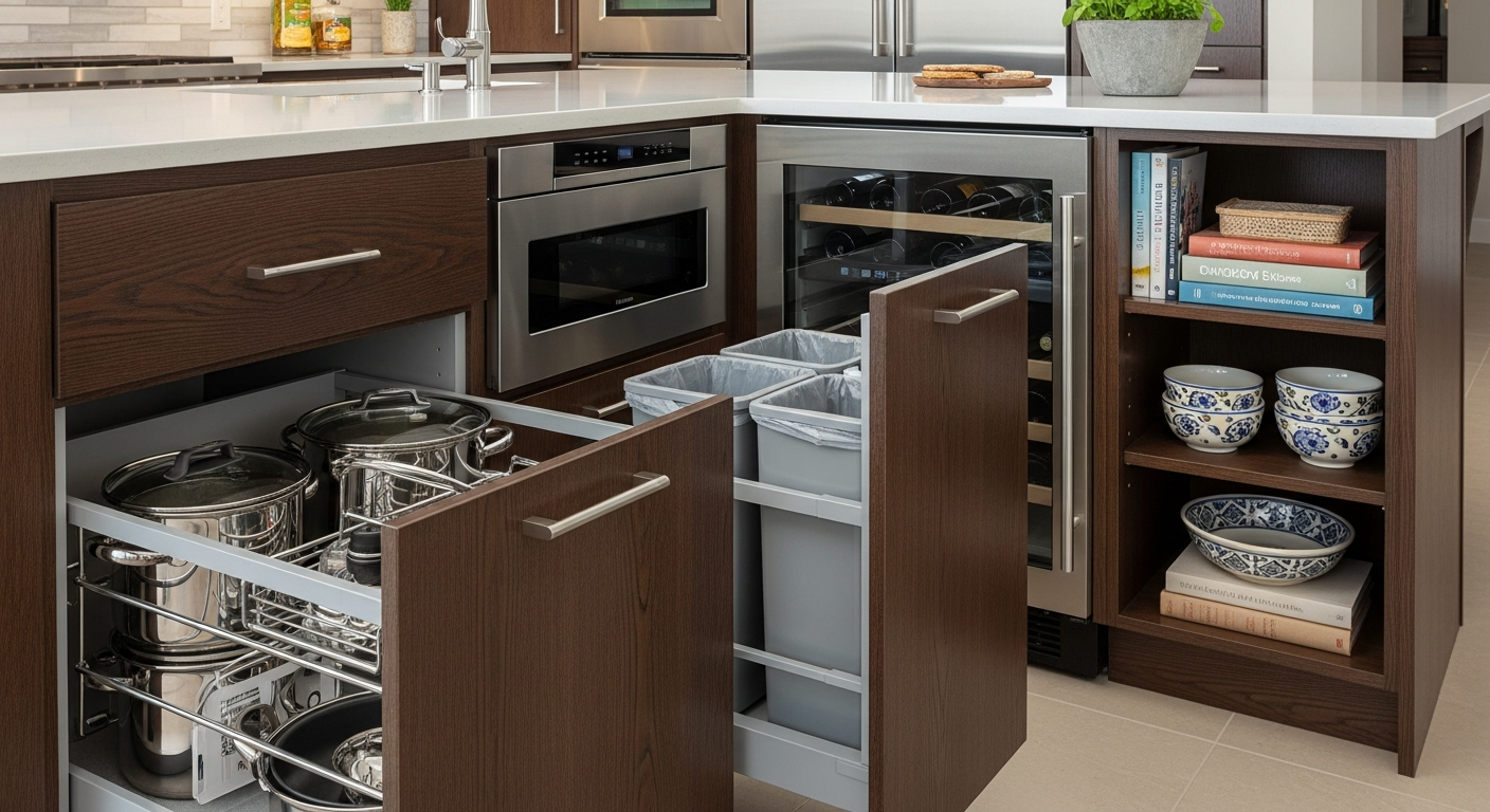 Kitchen island storage features including pull-out bins, drawers, and built-in appliances