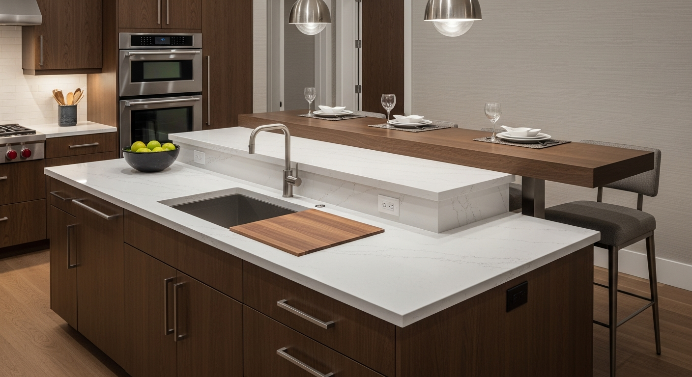 Multi-level kitchen island with prep surface and raised bar-height dining section