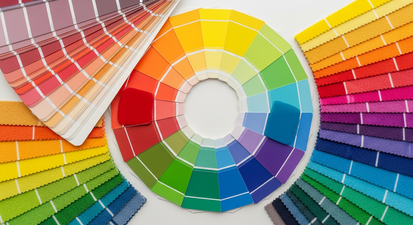 Color wheel with paint fan deck and coordinating fabric swatches for design planning