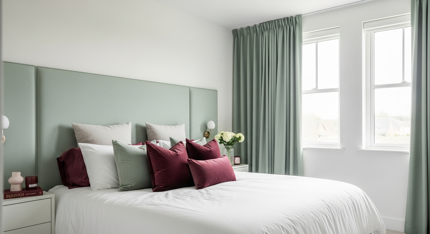 Bedroom demonstrating the 60-30-10 color rule with white, sage green, and burgundy