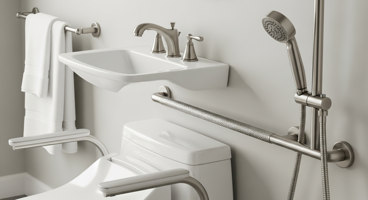 Stylish accessible bathroom hardware including decorative grab bars and lever faucets