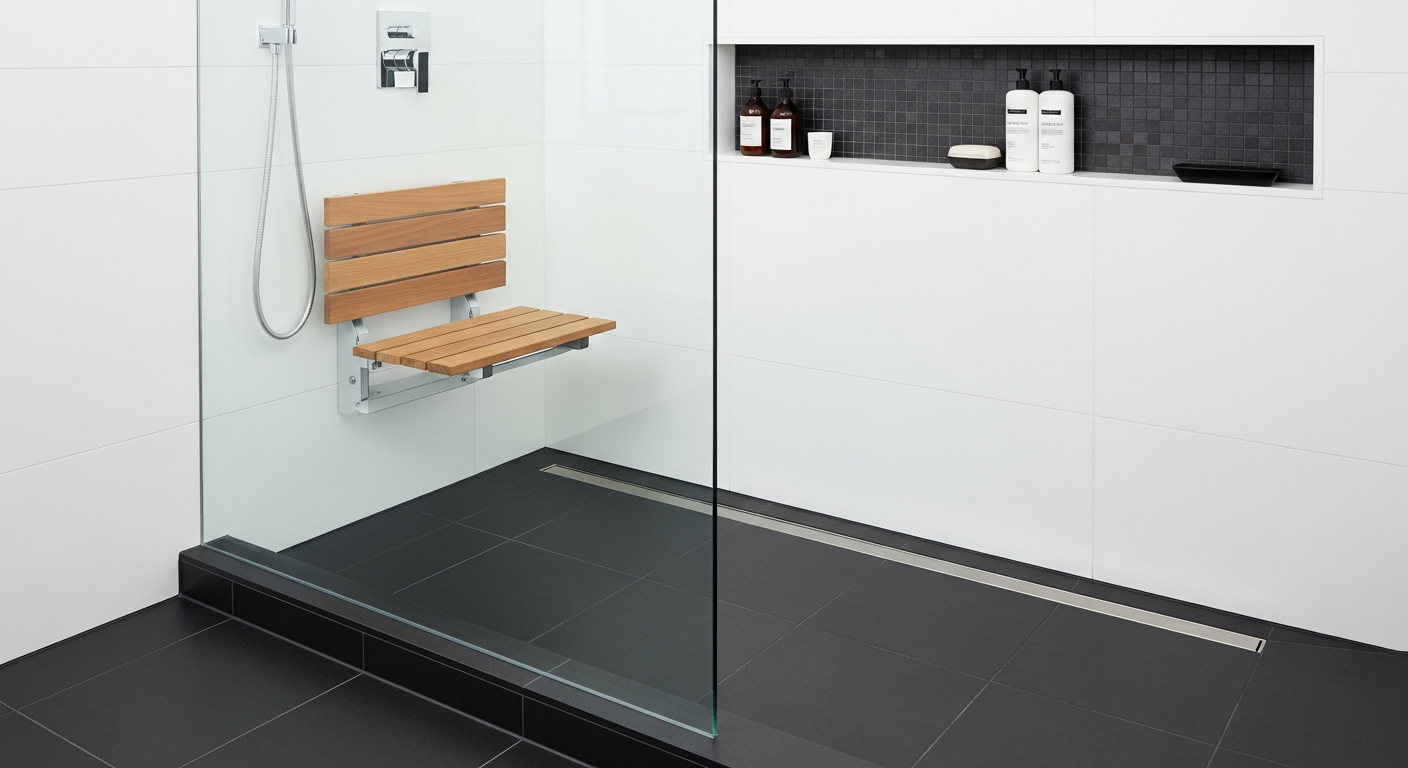 Zero-threshold curbless shower with teak bench, slide bar shower head, and linear drain