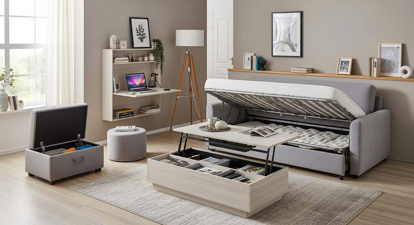 Small living room with multifunctional furniture including storage ottoman and lift-top table