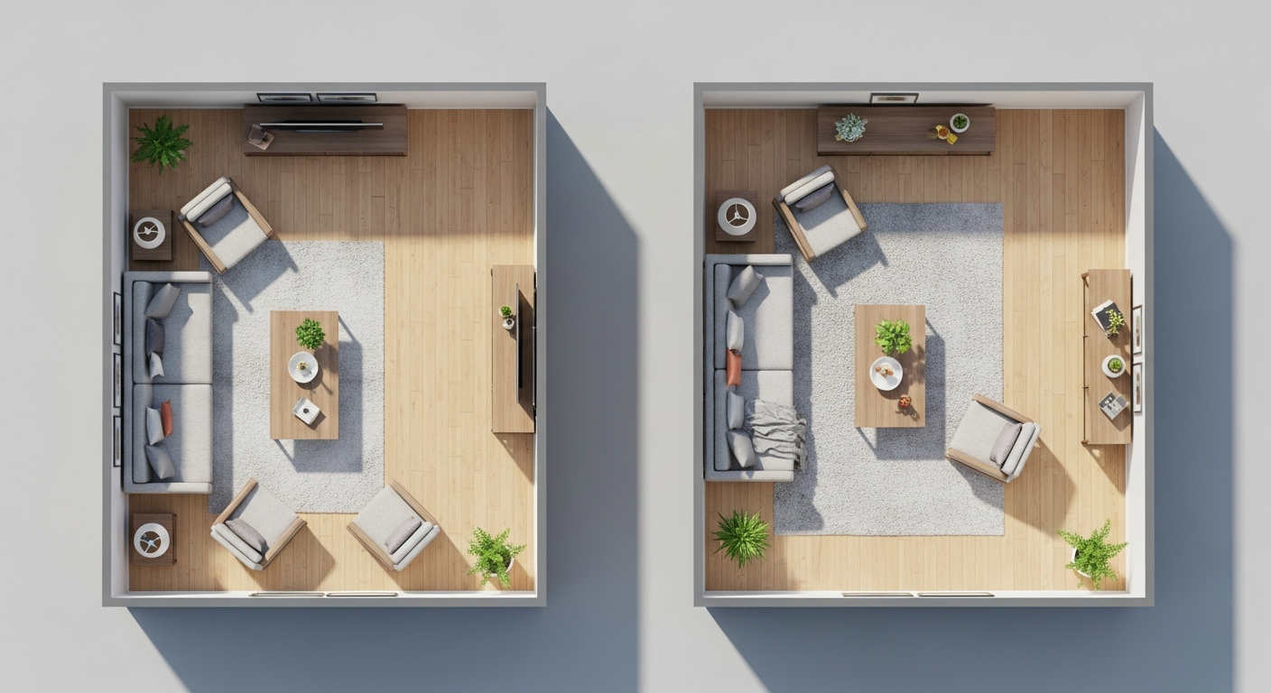Two overhead floor plan views comparing wall-hugging vs floating furniture arrangements