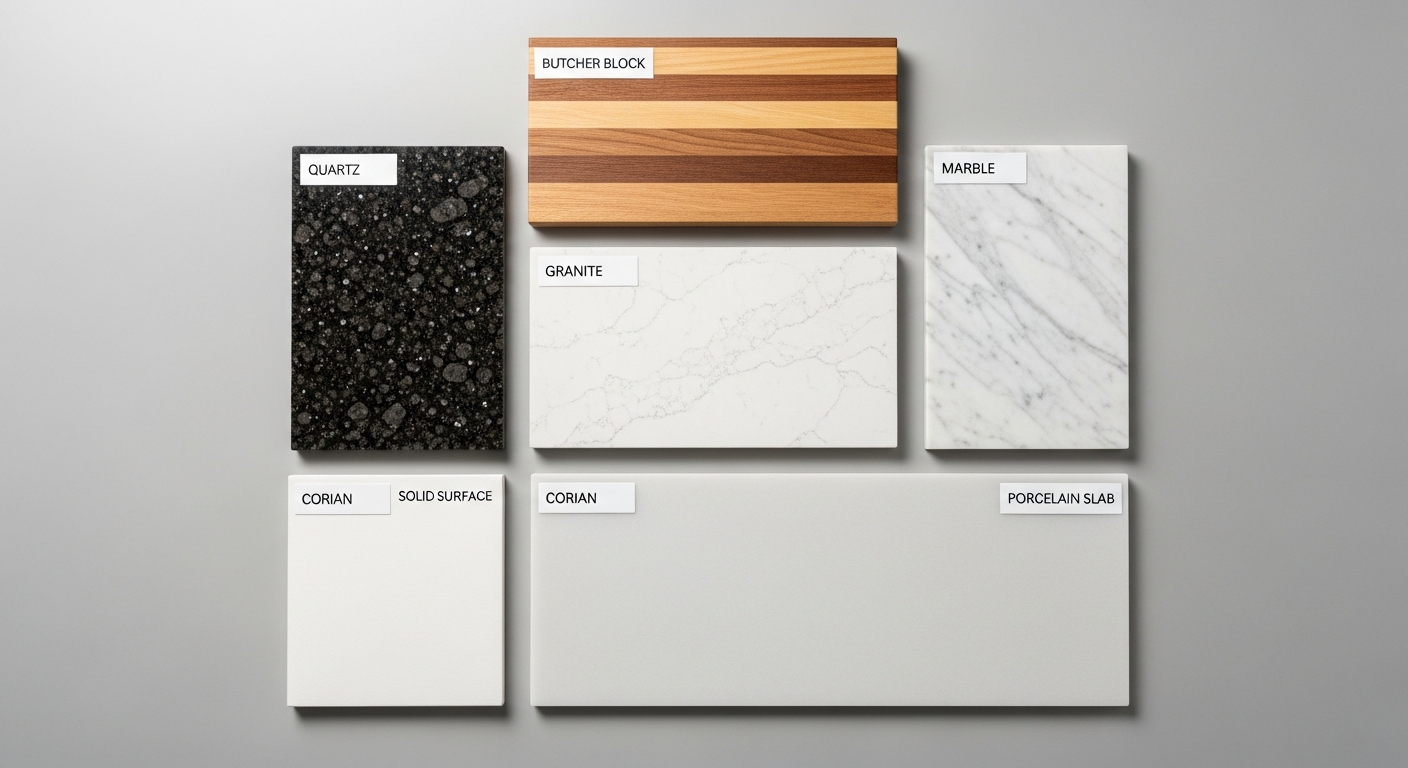 Countertop material samples laid out including quartz, granite, marble, butcher block, and porcelain