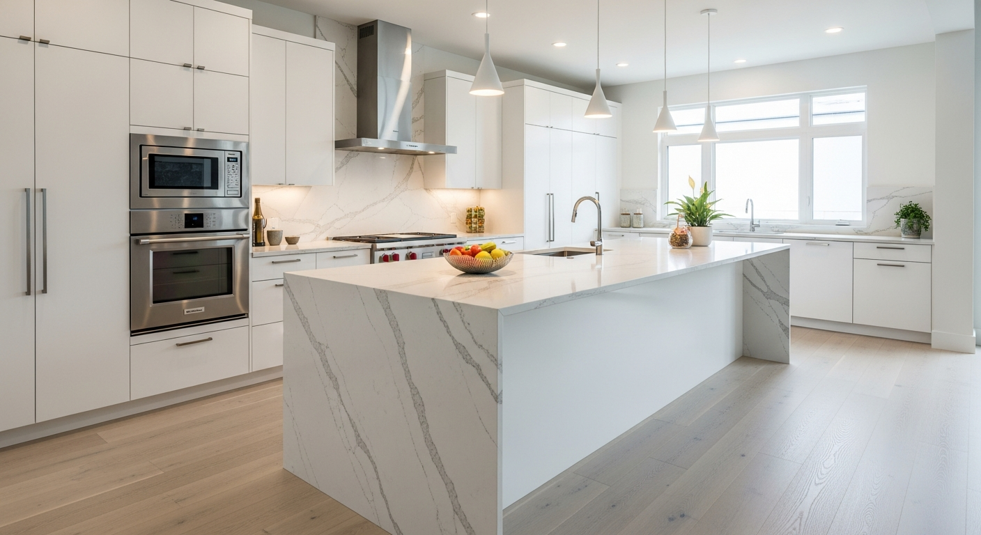 Kitchen island with dramatic waterfall edge countertop cascading to the floor