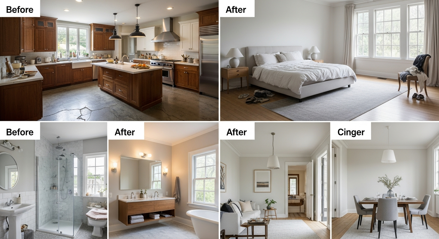 Grid of four before-and-after room transformations showing kitchen, bedroom, bathroom, and dining room