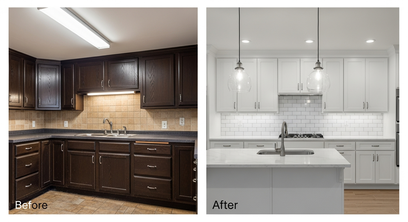 Before and after kitchen showing dark cabinets transformed with white paint and modern lighting