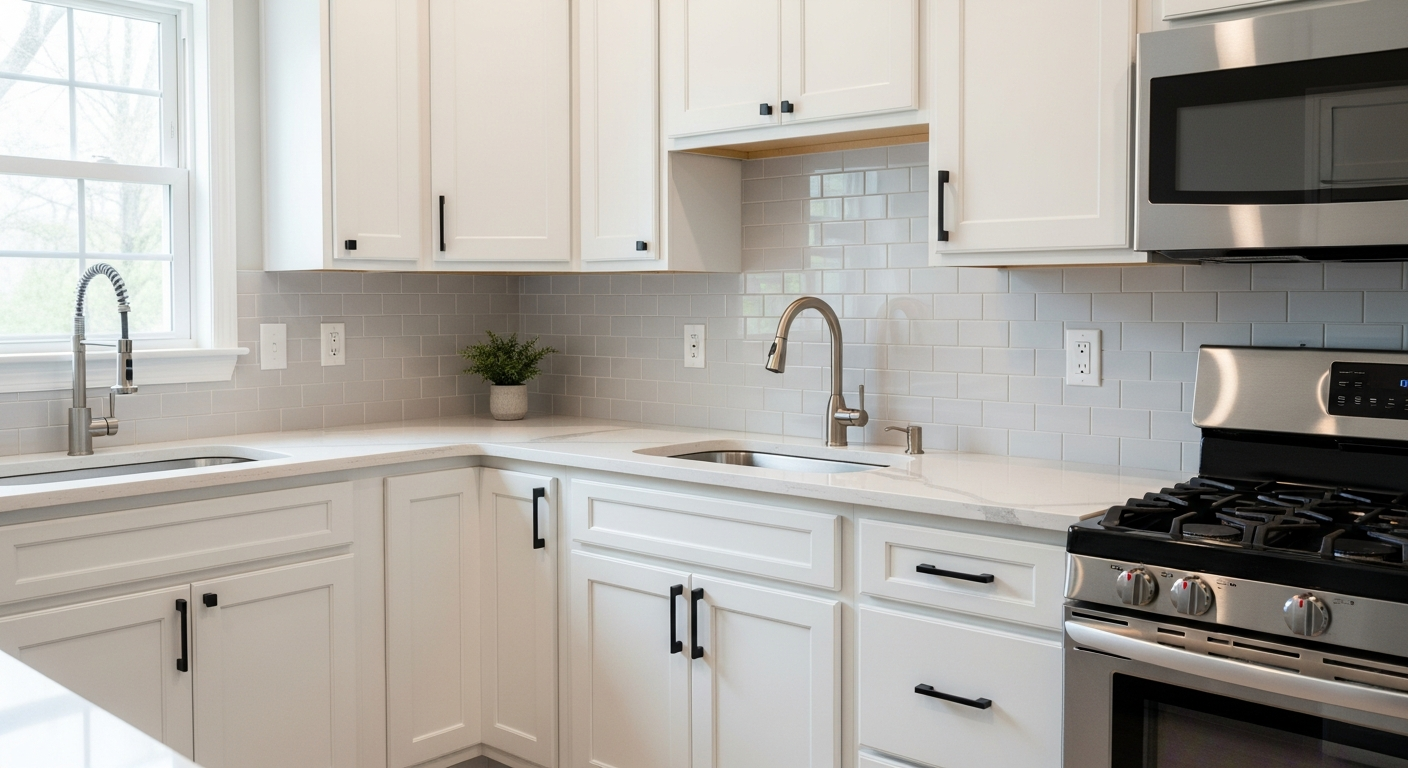 Kitchen showing budget renovation with painted cabinets, laminate counters, and peel-and-stick tile