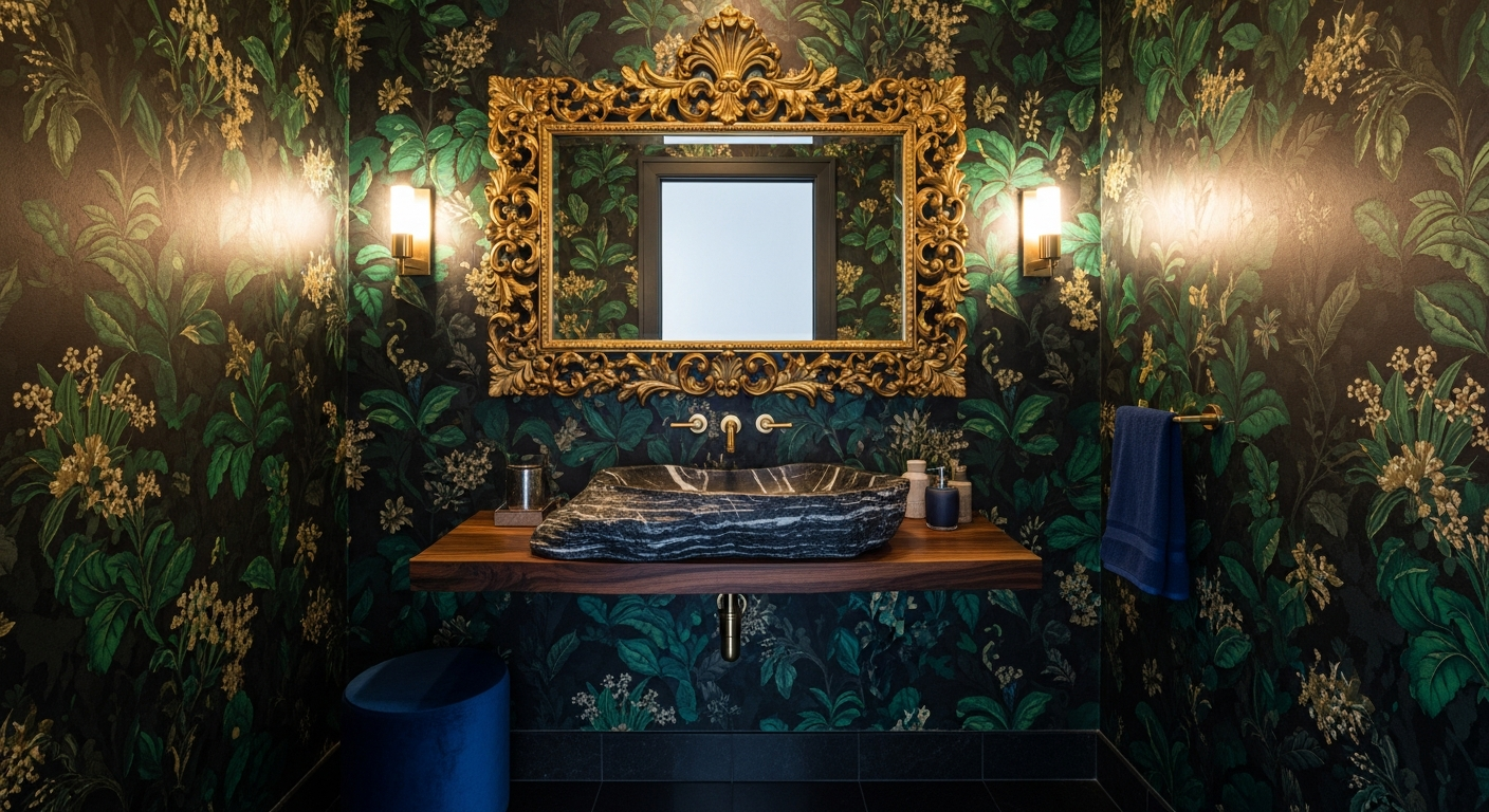 Bold powder room with dramatic wallpaper and statement mirror