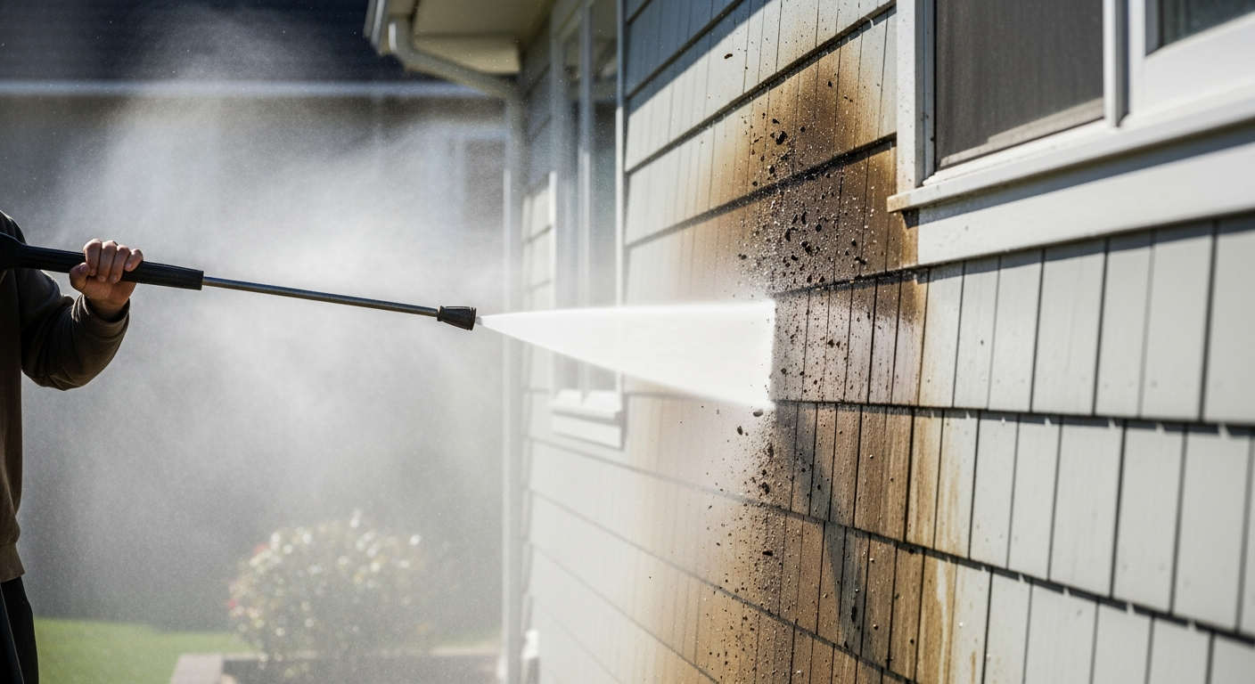 Pressure washer cleaning exterior siding before painting