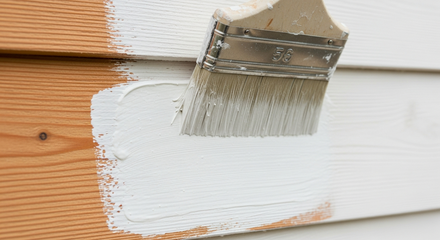Brush applying primer to bare wood siding on home exterior